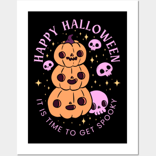 Happy halloween it is time to get spooky a cute pumpkin pile design with skulls Posters and Art